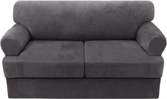 H.VERSAILTEX Sofa Cover 3 Piece T Cushion Loveseat Slipcovers Thick Velvet Couch Cover Stretch T Cushion Sofa Covers for 2 Cushion Couch with 2 Individual T Cushion Covers Washable, Grey
