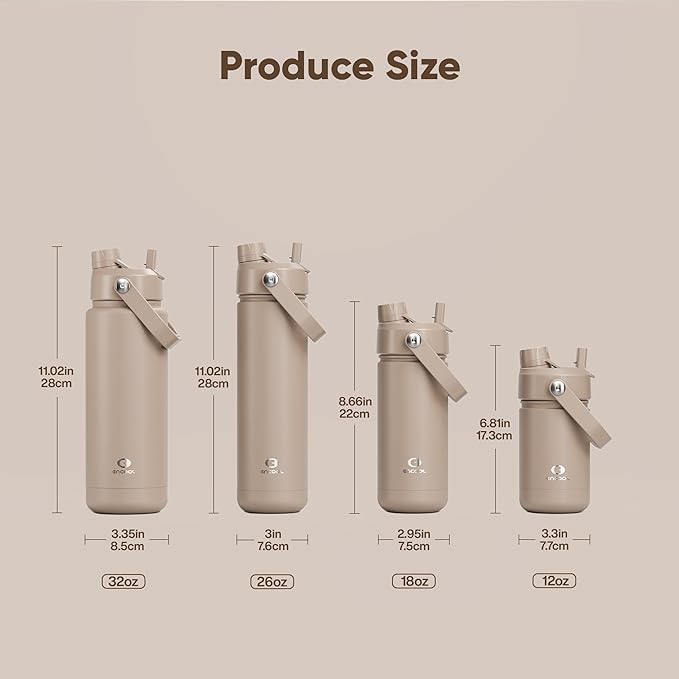 ENCOOL Insulated Water Bottle with Straw Stainless Steel Water Bottle, Leak-Proof, BPA-Free, Double Wall Vacuum Keeps Cold for 24 Hours for Sports, Travel, School (26 oz, Raw Umber)