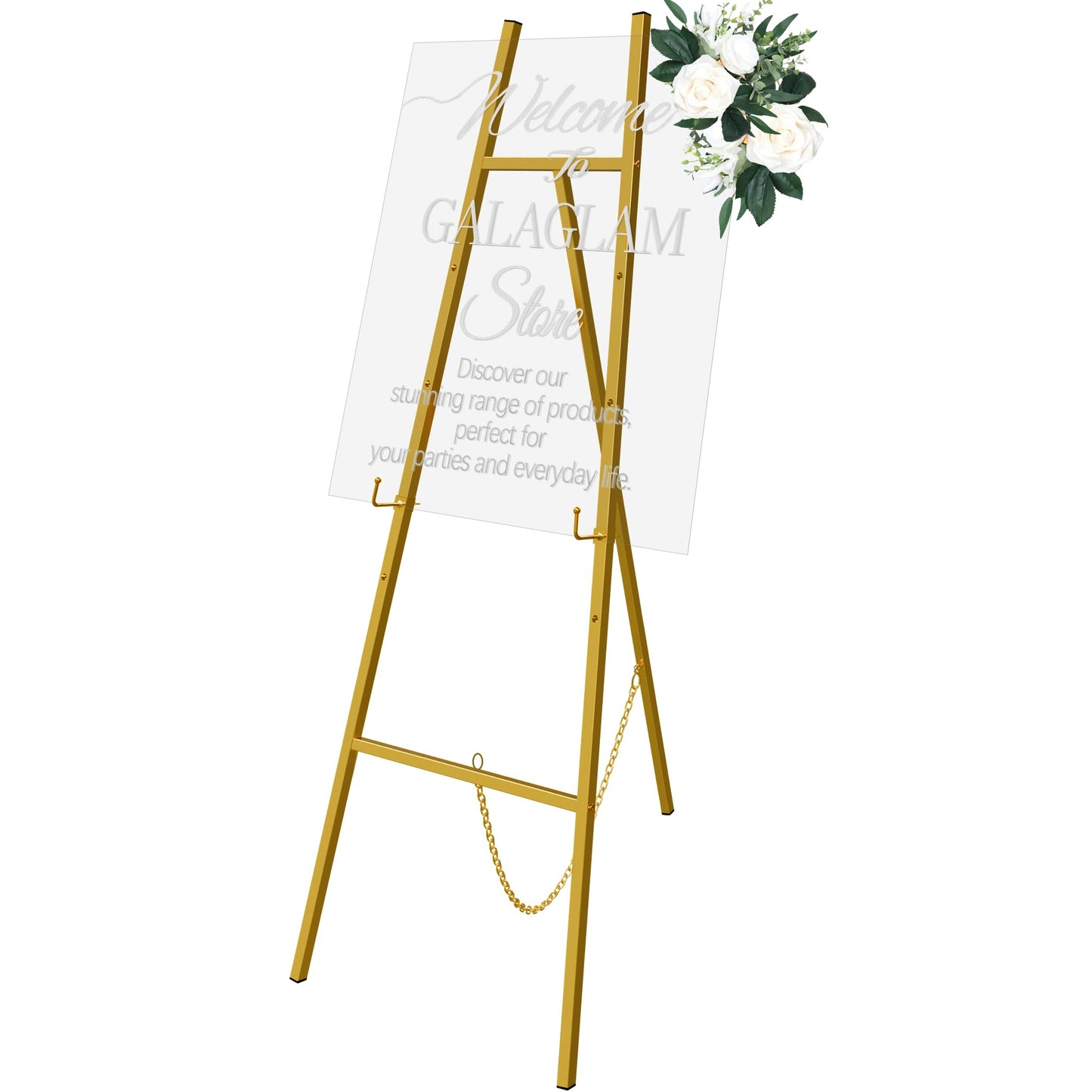 GALAGLAM Easel Stand for Signs, 57" Gold Easel Adjustable 4 Tier Floor with Chain Support, Metal Easels for Painting, Display Stand for Wedding Baby Showers Birthday Parties
