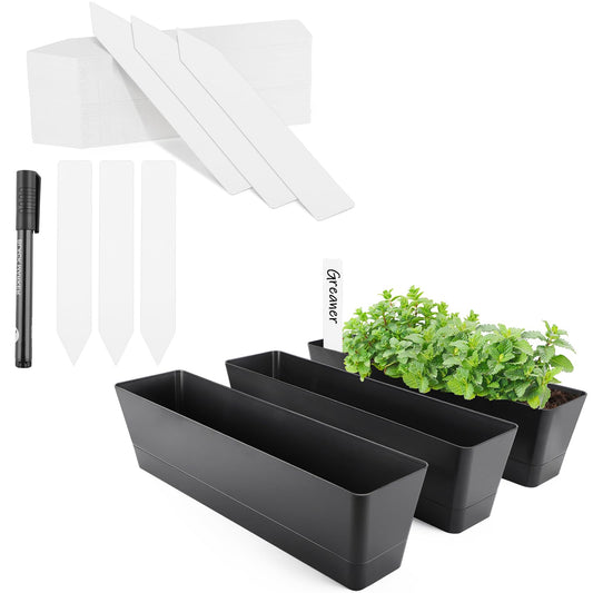 GREANER Window Boxes Planters with 100PCS 6inch White Plant Label, 3PCS 16x3.8 Inch Black Rectangle Planters Box with Drainage Holes and Trays, Herb Succulents Flowers Plastic Pot for Windowsill, Gard