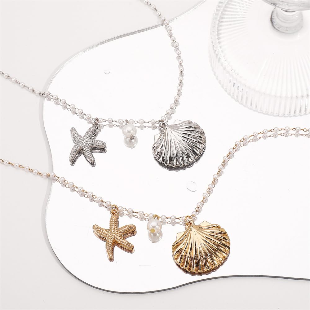 Dainty Gold Starfish Beach Pendant Necklace for Women Cute Charms Shell Pearl Ball Chain Choker Necklaces Adjustable Ocean Sea Summer Accessories Y2K Holiday Party Jewelry 20" (Silver)