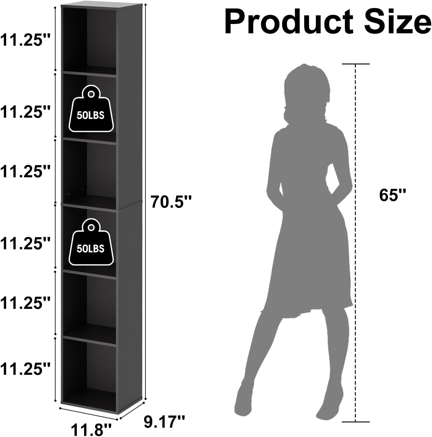 Tall Narrow Bookshelf 6-Tier Bookcase,70.5" Skinny Thin Corner Shelf Slim Storage Cabinet,Wood DVD CD Media Cube Organizer Tower Rack for Small Spaces, Bedroom, Living Room, Office,Black