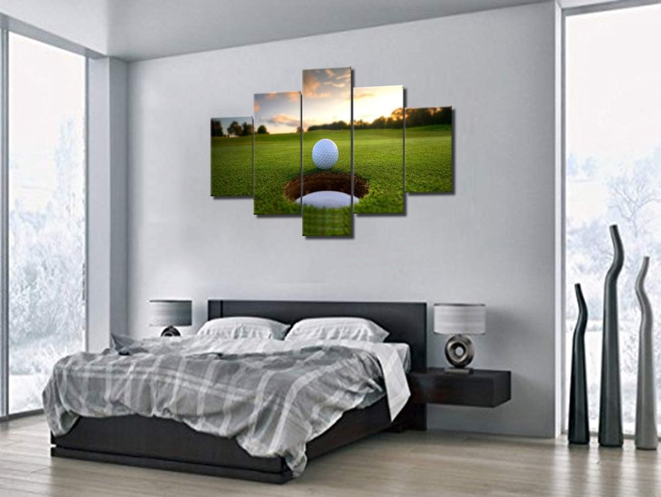Golf Cours Paintings Golf Ball at Sunset Pictures Green Field Wall Art for Living Room 5 Piece Printed on Canvas Contemporaray Artwork House Decor Famed Gallery-Wrapped Ready to Hang(60''W x 40''H)