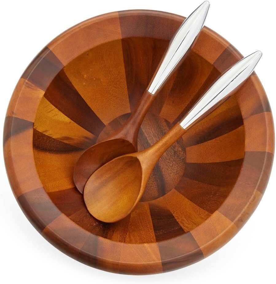 Nambe Yaro Acacia Wood Salad Bowl with 2 Salad Servers | Made of Acacia wood Alloy | Large Deep Wooden Bowls | Acacia Wood Salad Bowl Set | Designed by Sean O’hara