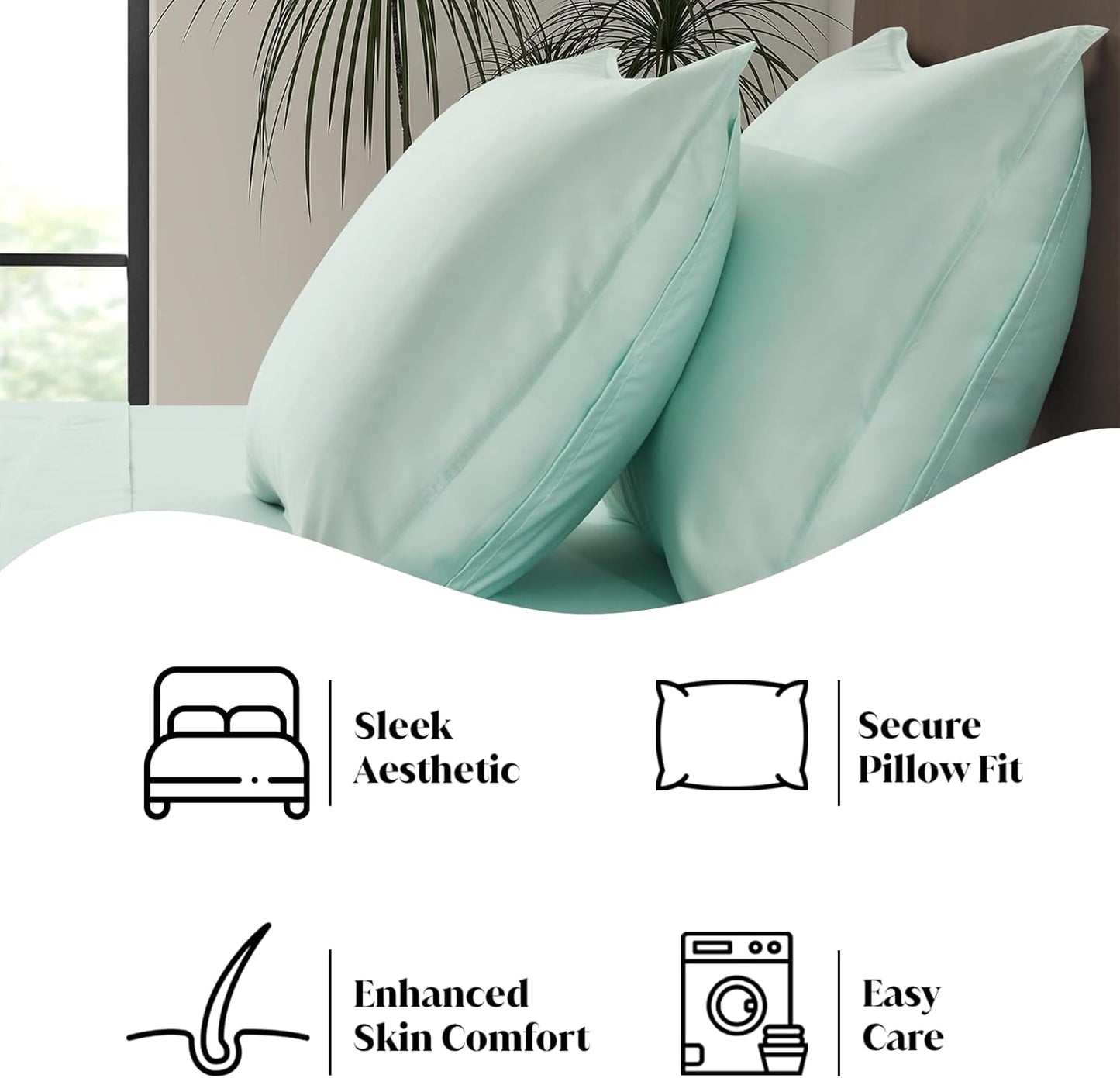 Luxury Bamboo Market | Queen Envelope Pillowcase Set | 100% Viscose Made from Bamboo | Organically Grown | Ultra Soft | Cooling | 2pcs [Coastal Green]