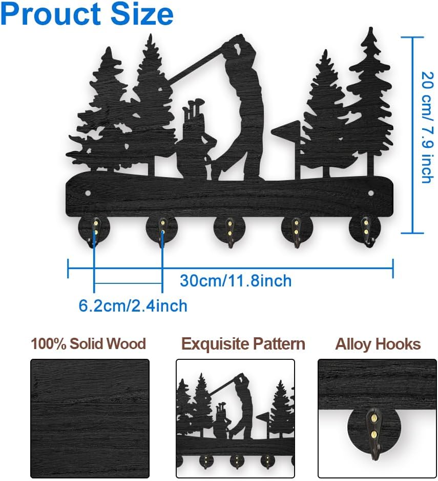 MAYJOYDIY Golf Coat Racks Wall Mounted Wood Golf Clubs Tree Key Hangers for Wall 11.8×7.9inch Black Key Holder 5 Alloy Hooks Home Decor Gifts Entryway Kitchen Bathroom Storage Organizer