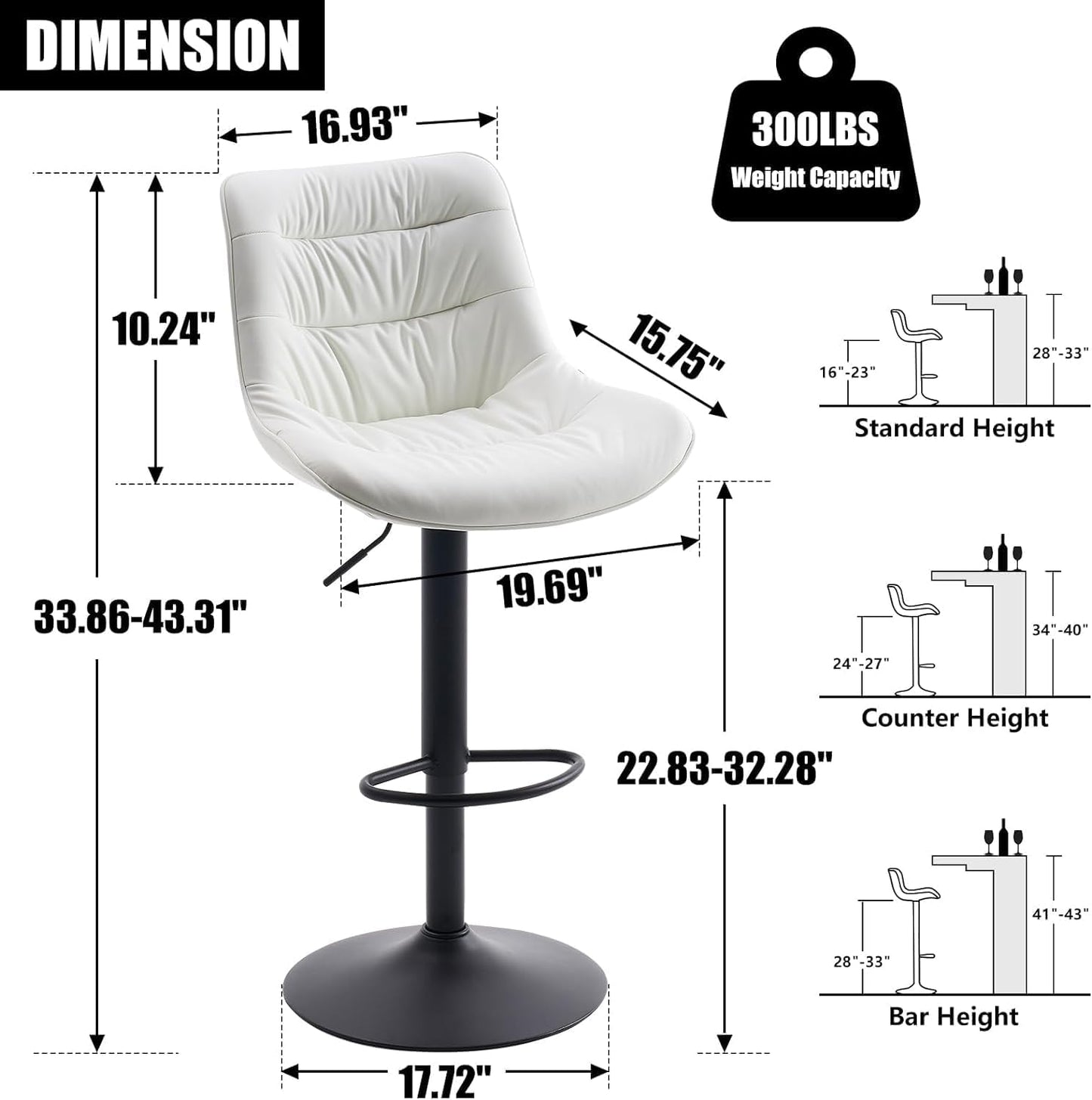 Kidol & Shellder Bar Stools Set of 2 Adjustable Swivel White, PU Leather Upholstered with Back, Modern Counter Height Stools for Kitchen Island, Home Bar