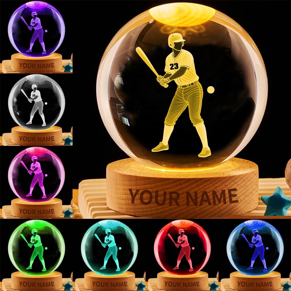 Personalized Baseball Crystal Night Light Gift for Men Women, Custom Name/Number Baseball Player 3D Crystal Ball Night Light Lamp for Bedroom Room Sports Decor Party Bar Christmas Birthday Gift