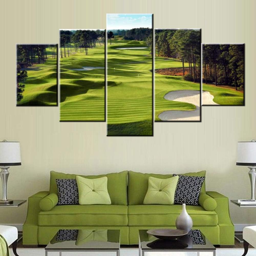 Green Golf Course Wall Art Golfing Sport Paintings for Living Room 5 Panels Prints on Canvas Bunker Pictures Landscape Artwork Gallery-Wrapped Home Modern Decor Framed Ready to Hang(60''W x 32''H)
