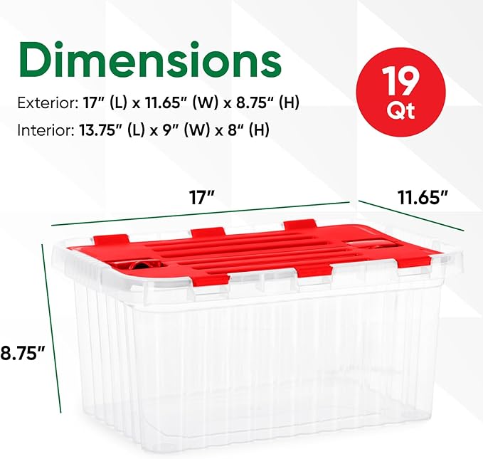 Superio Storage Box with Hinged Lids, Plastic Container Bins for Organizing with Attached Lid, Stackable Crates, BPA Free, Organizers for Home, 19 Quart (Clear with Red Lids, 17"x11.65"x8.75")