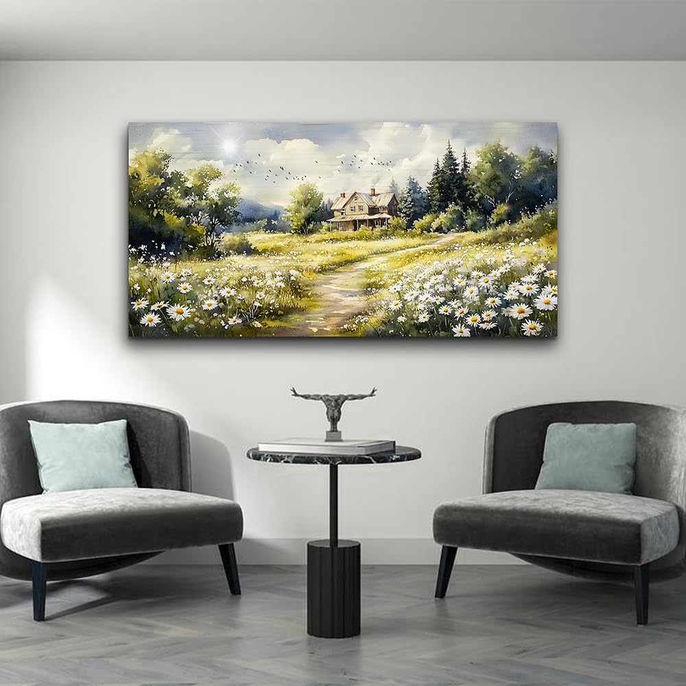 ERQINHUA Large Wall Art For Living Room Canvas Wall Decor For Bedroom Field Scenery Flower Watercolour Painting Office Decorations Stretched And Framed Wall Pictures Artwork Home Decor 30"X60"
