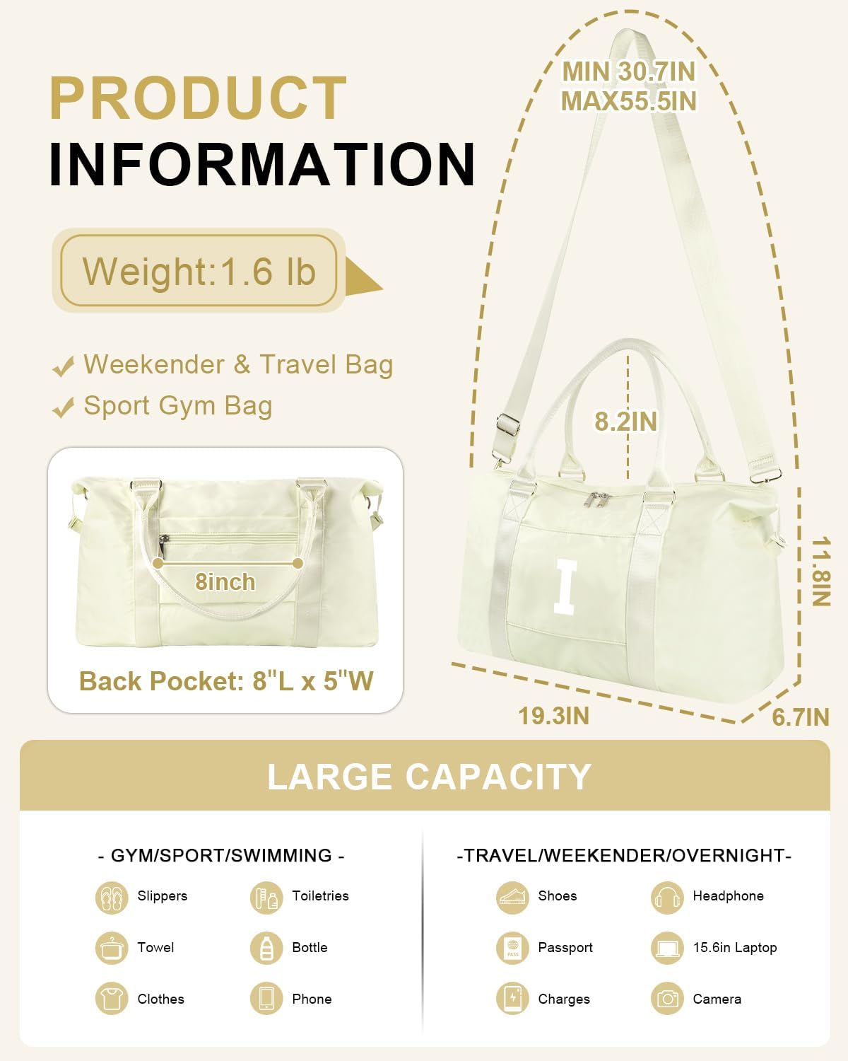 Initial Travel Duffel Bag Sports Gym Bag for Kids Teen Birthday Gifts,Beige Personalized Weekender Bag Carry On Dance Bags for Women Men,Waterproof Monogram Overnight Bag with Trolley Sleeve(Letter I)