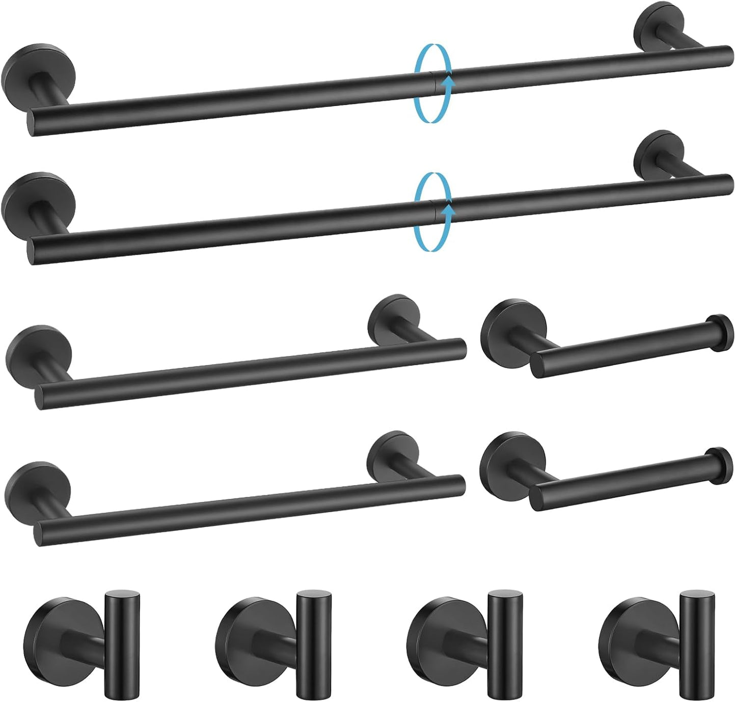 TURS Matte Black 10 Pieces Bathroom Hardware Set, SUS304 Stainless Steel 24 Inch Bath Towel Bar Set, Round Bathroom Accessories Kit Wall Mounted