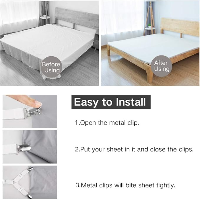 Foloda Fitted Sheet Holders for Corners, 4 pcs Adjustable Bed Sheet Holder Straps Fasteners Clips Fasteners Suspenders Locker Gripper Scrunchie for Bed Mattress