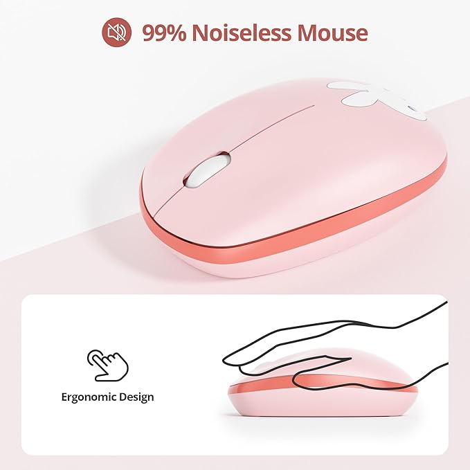 Owpkeenthy Cute Keyboard and Mouse Wireless, Colorful Keyboard Retro Typewriter Style Full-Sized with Number Pad Round Keys for Desktop, Laptop and Computerr (Bunny Pink)