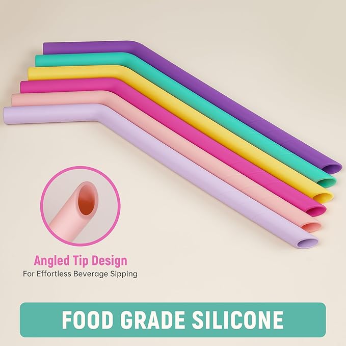 NiHome 6PCS Extra Wide Reusable Bent Silicone Straws for Boba, Smoothies, Bubble Tea, Eco-Friendly Bent Straws for Thick Drinks, Child-Safe, Customizable Length, 2 Brushes for Cleaning (Girl Colors)