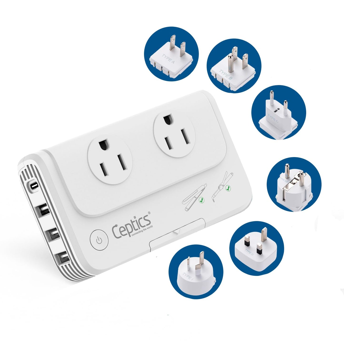 Ceptics Travel Voltage Converter -200W Convert 220V To 110V For Curling Iron, Straightener, Charger Step Down World Power Plug -