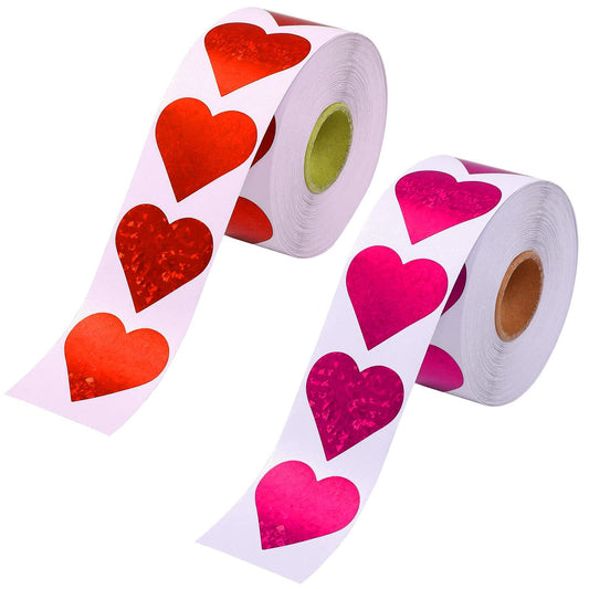 1.5" Glitter Red Heart Stickers and 1.5" Glitter Pink Heart Stickers, 2 Roll 1000 Piece