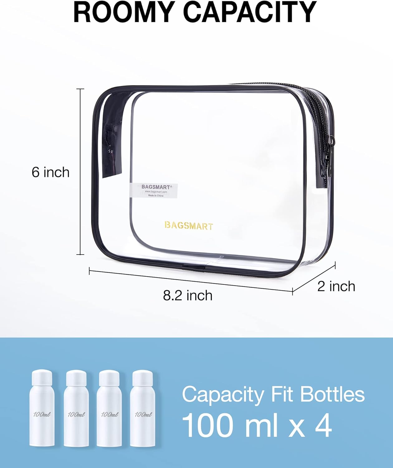 BAGSMART Clear Toiletry Bag, 2 Packs TSA Approved Water resistant Quart Size Travel Organizer, Airport Airline Travel Essential Carry On Makeup Cosmetic Bags for Women, Black