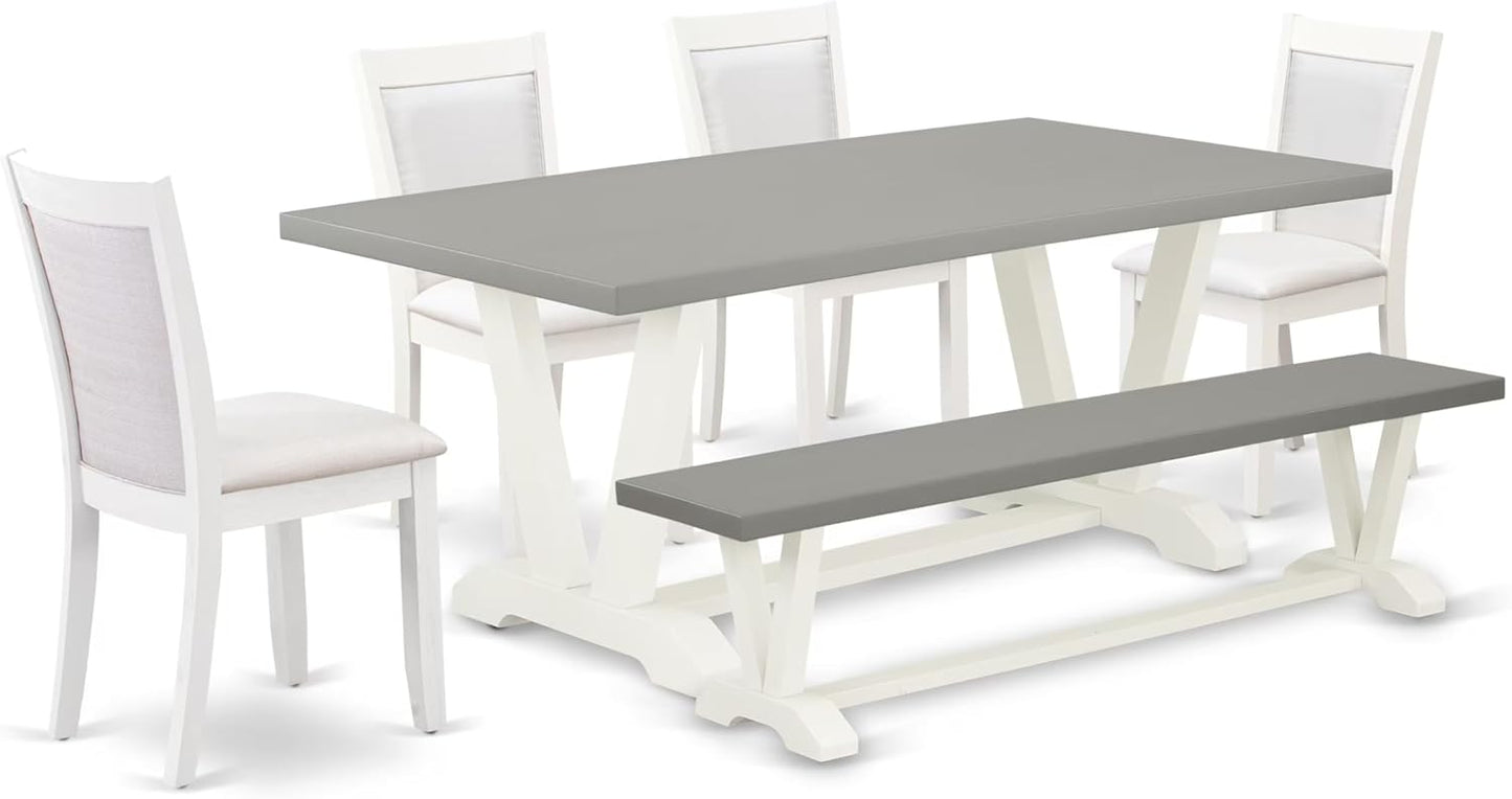 East West Furniture V097MZ001-6 6 Piece Dining Table Set Contains a Rectangle Dining Room Table with V-Legs and 4 Cream Linen Fabric Parson Chairs with a Bench, 40x72 Inch, Multi-Color