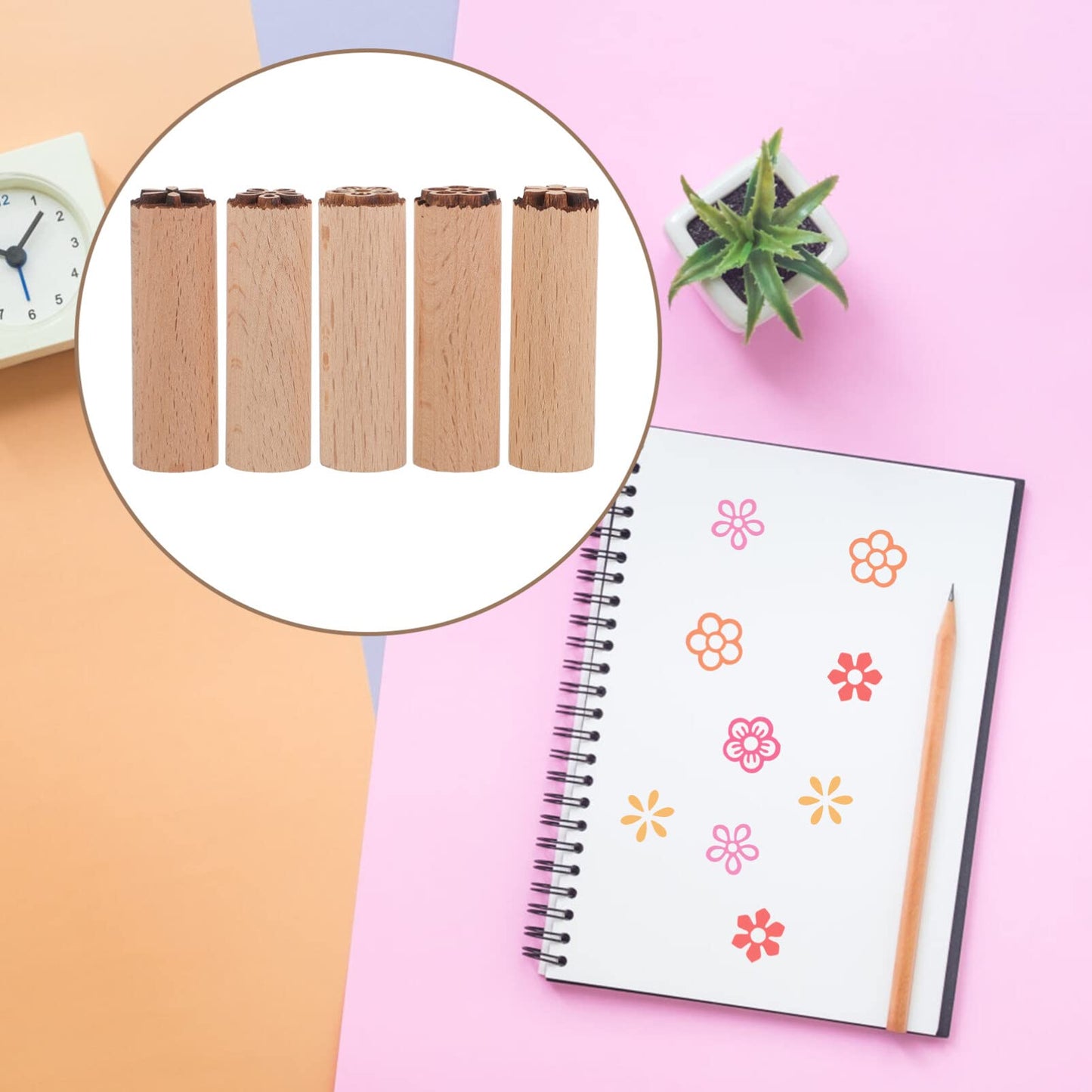 EXCEART 5Pcs Wood Texture Flower Stamps for Clay Pottery Crafting Natural Wooden Daisy Stamps for Scrapbooking and Kids Floral Art Projects