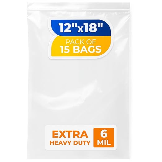 12" x 18" Large Zip Seal Lock Bags, 6 Mil (Pack of 15) – Heavy-Duty Reclosable Plastic Bags – Clear, Resealable, Waterproof – For Storing and Organizing Clothes, Jewelry, and Travel Items