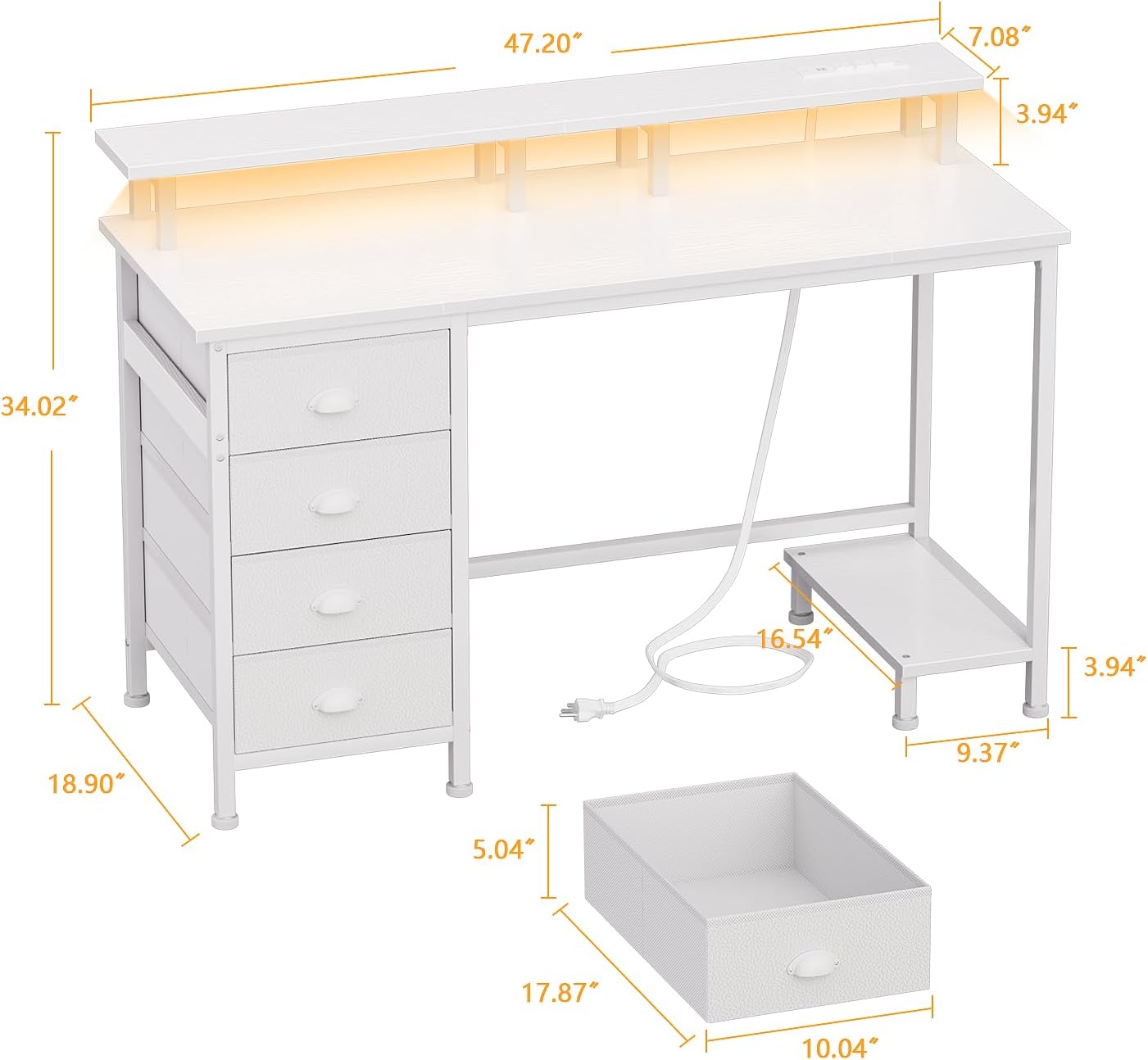 Furologee 47" White Computer Desk with 4 Fabric Drawers & Monitor Stand, Gaming Desk with Power Outlets - LED Lights, Home Office Space-Saving Study Table for Bedroom Small Spaces