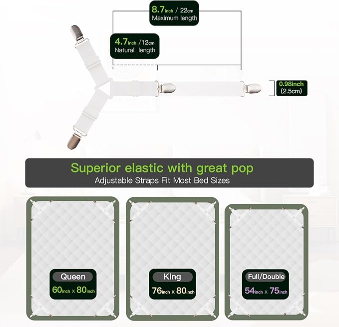 EasYoung 8PCS Bed Sheet Holder Straps, Adjustable Elastic Fasteners with Metal Clips, Keep in Place Fitted Bedding Holder, Easy Install for Wrinkle Bedding Sheet