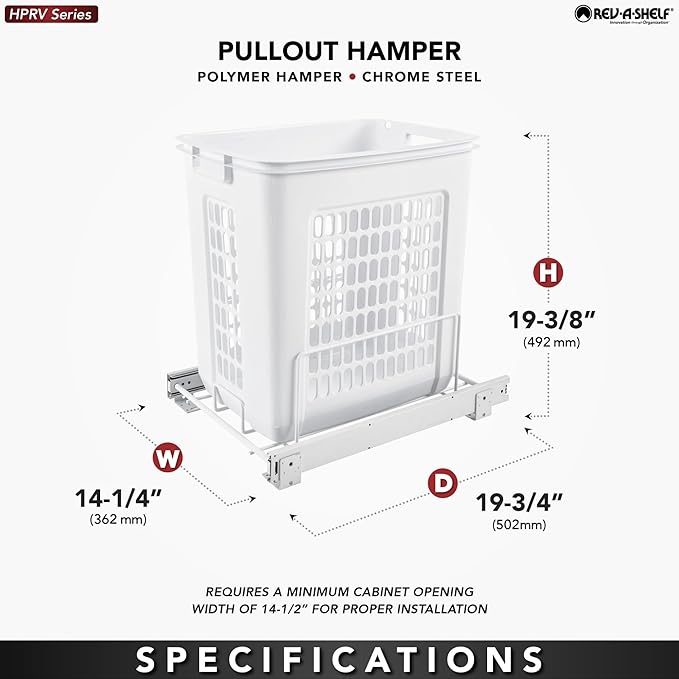 Rev-A-Shelf Pullout 20" Deep Cabinet Floor Steel Mounted Polymer Plastic Clothes Laundry Hamper with Full Extension Slides, White, HPRV-1520 S