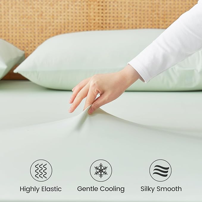 Cozy Bliss Premium Cooling Sheet Set King Size, Q-Max>0.4, 3PCS No Flat Sheet with 2 Pillowcases, Breathable Fitted Sheet for Hot Sleepers & Night Sweats, Deep Pocket Up to 18 Inches, Light Mint Green