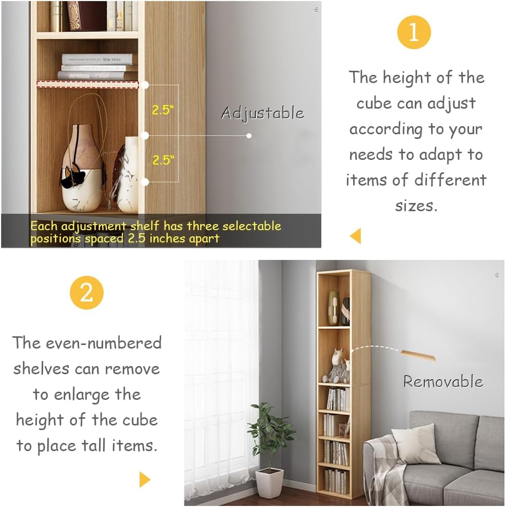 IOTXY Small Narrow Corner Bookcase - 47 Inches Tall Gap Freestanding Storage Cabinet, 4 Lattices Open Shelves Tower Rack with Door, Cubes Bookshelf in Oak
