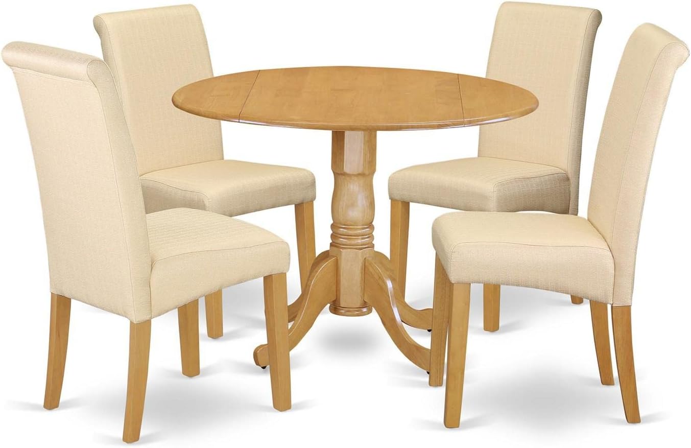 East West Furniture DLBA5-OAK-02 5 Piece Dining Set Includes a Round Dining Room Table with Dropleaf and 4 Light Beige Linen Fabric Upholstered Parson Chairs, 42x42 Inch, Oak