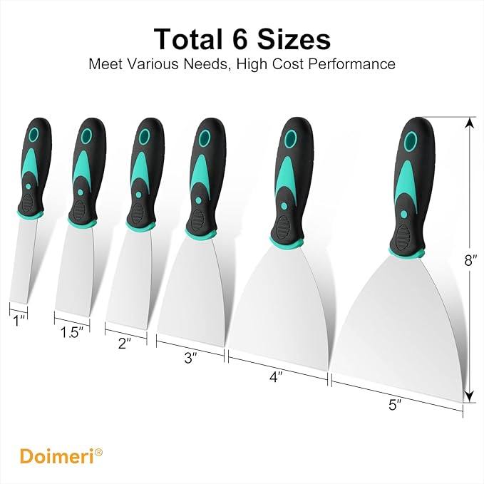 6 Pack Putty Knife, 1” 1.5” 2” 3” 4” 5” Spackle Knives, Premium Stainless Steel Paint Scraper, Perfect Tools for Repairing Drywall, Removing Wallpaper, Applying Mud or Plaster