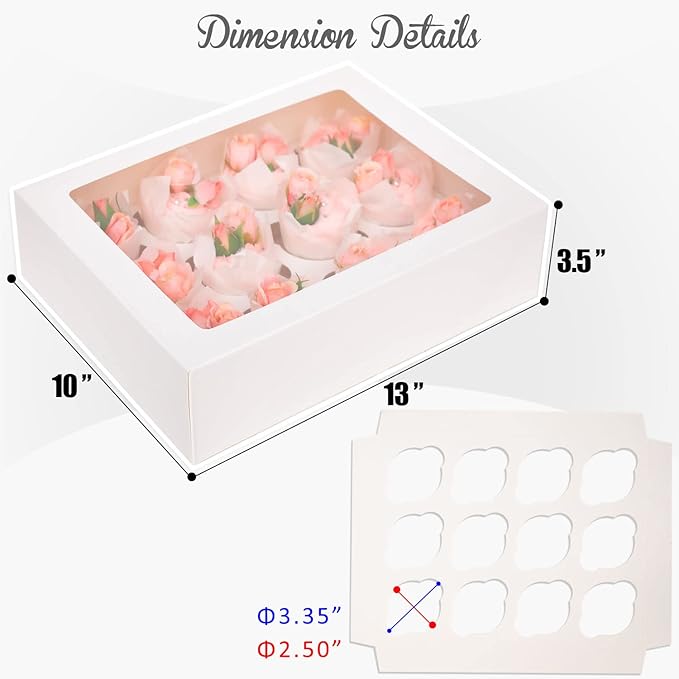 Bakepacker Auto-pop Up Cupcake Boxes with Window White 12PCS 12 Count Cupcake Box 13"x10"x3.5" Cupcakes Carrier, 12 Cupcake Containers with rolls of pink ribbons