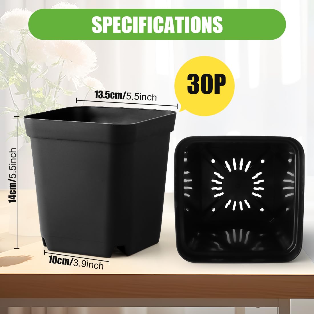 RooTrimmer Square Nursery Pots 5.5 Inch, Plastic Plant Pot with Drainage Holes, 30 Pcs Reusable Seedling Starter Pots Garden Flower Pots Planters for Indoor Plants, Transplanting, Succulents, Cuttings