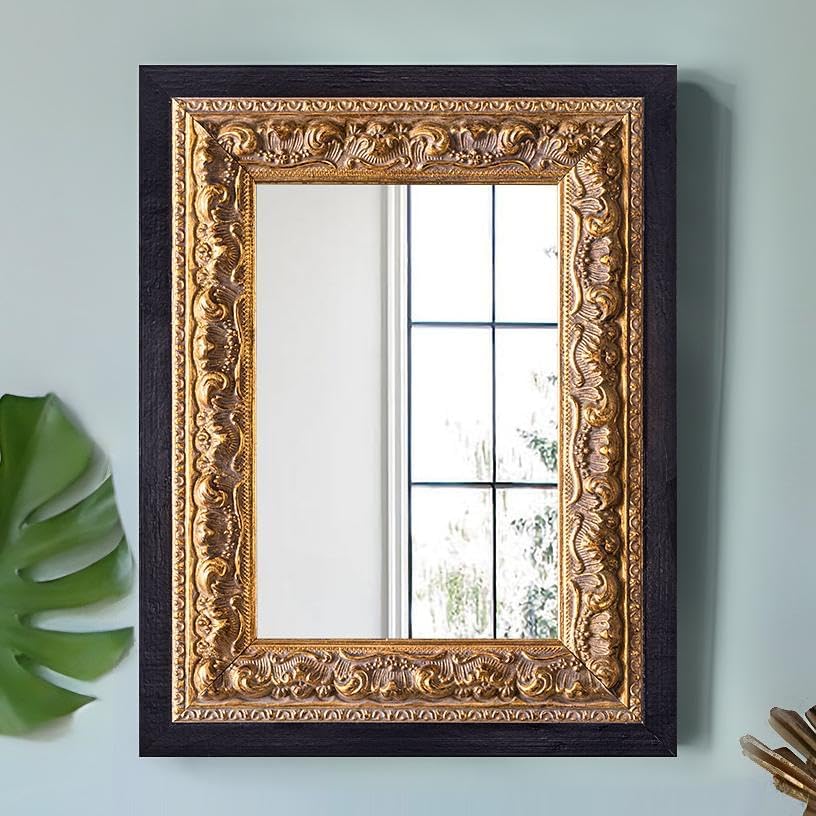 Small French Antique Mirror, 14”x11” Black Vintage Table Mirror for Vanity with Handmade Aging Foil Flower Petal Carvings Wooden Frame (Black and Gold, 14”x11”)