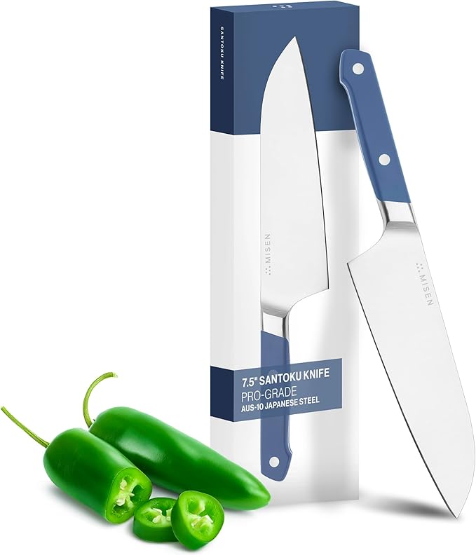 Misen Japanese Santoku Chef Knife - 8 Inch High Carbon Stainless Steel - Classic Japanese Knife Design for Cutting, Slicing, and Chopping - Razor Sharp Japanese Style Kitchen Knife, Blue