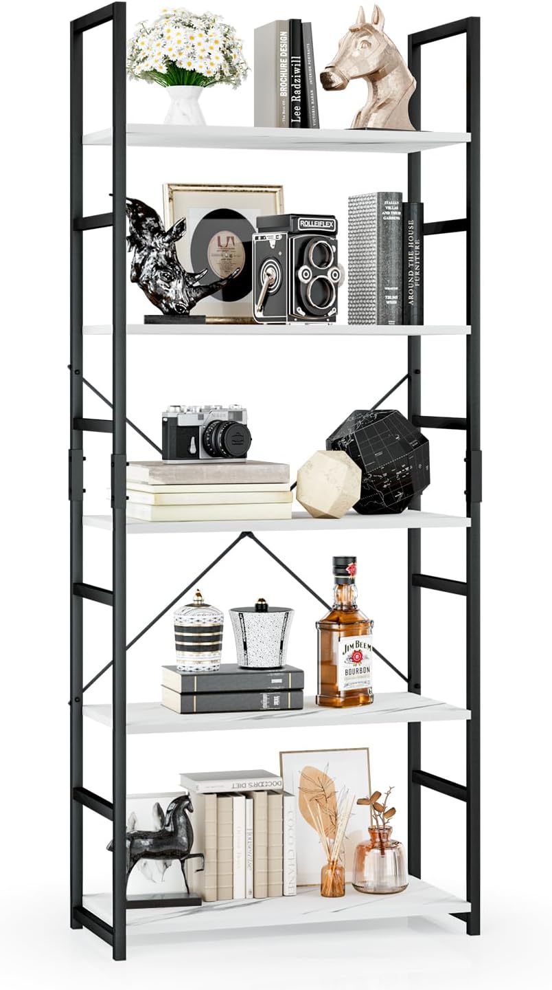 OTK 5 Tier Bookshelf, Tall Bookcase, Office Shelf Storage Organizer, Modern Book Shelf for Living Room, Bedroom, and Home Office, White Marble