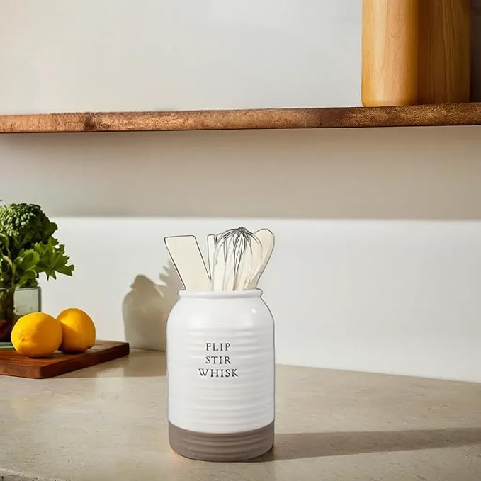 Young's Inc Ceramic Utensil Kitchen Caddy w/ 4 Utensils - Flip Whisk, Stir - Farmhouse Country Decor
