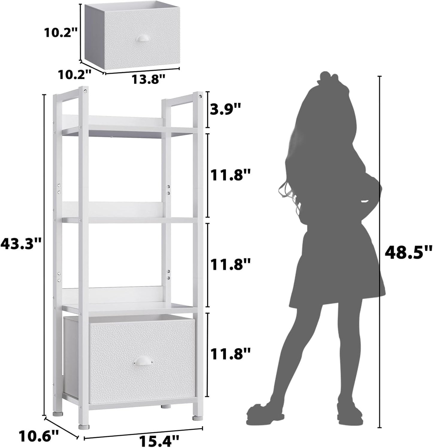 Furologee White 4 Tier Bookshelf with Drawer, Small Narrow Bookcase with Shelves, Modern Free Standing Shelf Unit, Wood and Metal Display Storage Shelves Organizer for Bedroom, Living Room, Entryway