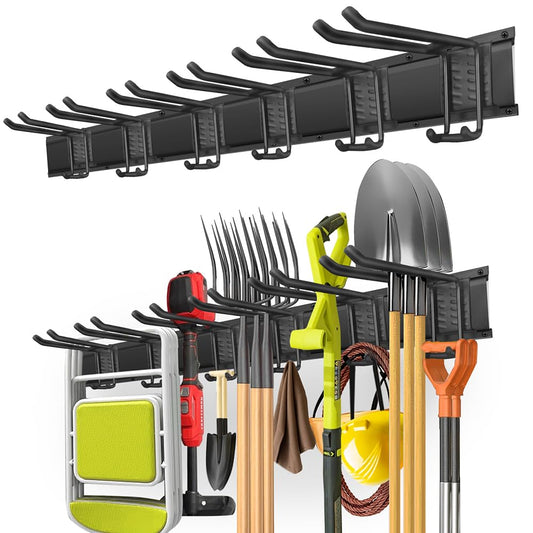 PIYILO Garage Tool Organizer Wall Mount with 48 inches Rails and 6 Double-layer Hooks, Garden Tool Rack Heavy Duty, Garage Hanging Storage Rack For Yard Tools, Shovel, Shed