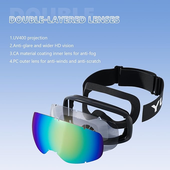 Ski Goggles for Men Women, OTG Snow Goggles, UV Protection Snowboard Goggles for Adult & Youth, Snowmobile, Sledding