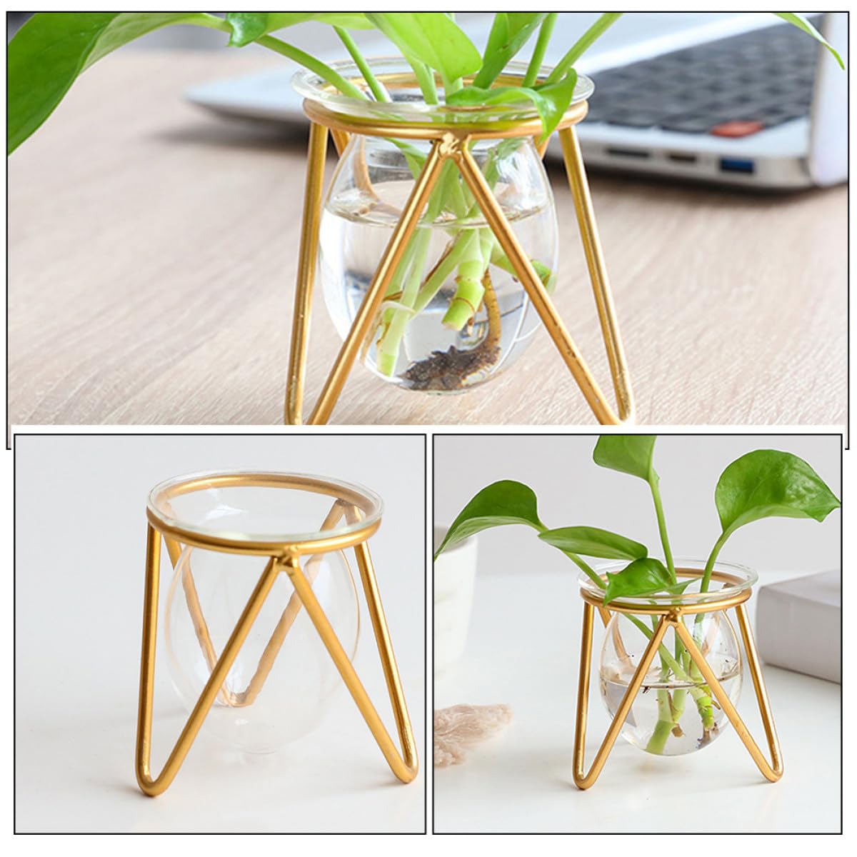 SEWACC Glass Vase with Metal Stand for Hydroponic Plants, Small Gold Bulb Planter Terrarium, Propagation Vase Holder for Home Desk Décor and Green Plant Display