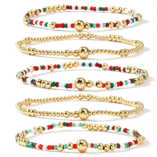SHINUS BOHO Christmas Gold Beaded Bracelet Stack for Women,Bohemian Red Green White Beads Stackable Bracelets Set Fashion Holiday Party Jewelry Gift Friendship