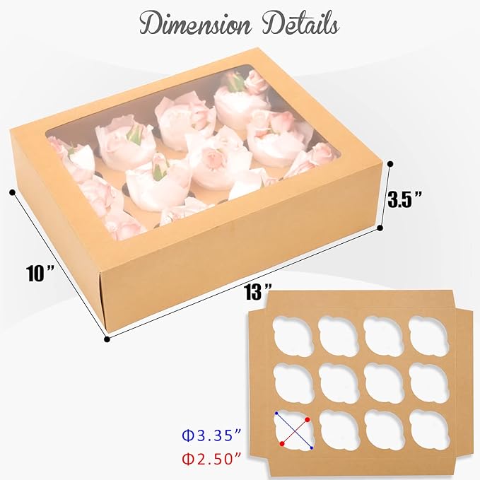 Bakepacker 12 Cupcake Containers 12-Packs Brown Cupcake Box Cupcakes Carrier, 12 Cupcake Boxes with Window 13"x10"x3.5"（Auto-pop up）