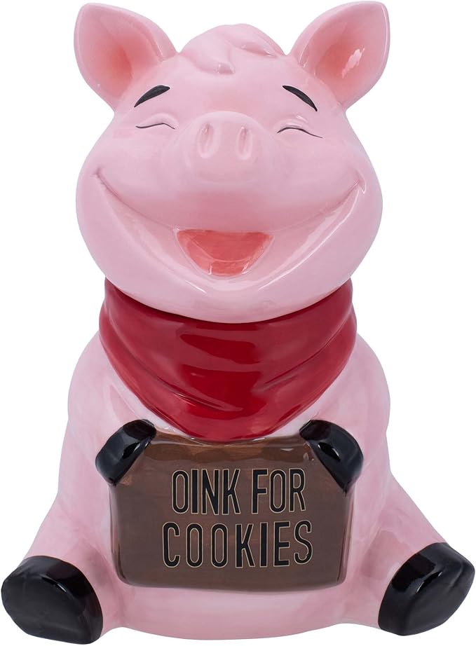 Dolomite Ceramic 10.4 x 7.6 Everyday Cookie & Candy Jar with Airtight Lid: Perfect for Kitchen Canisters, Pet Treat Containers & Decorative Farmhouse Storage, Pig Sign Oink