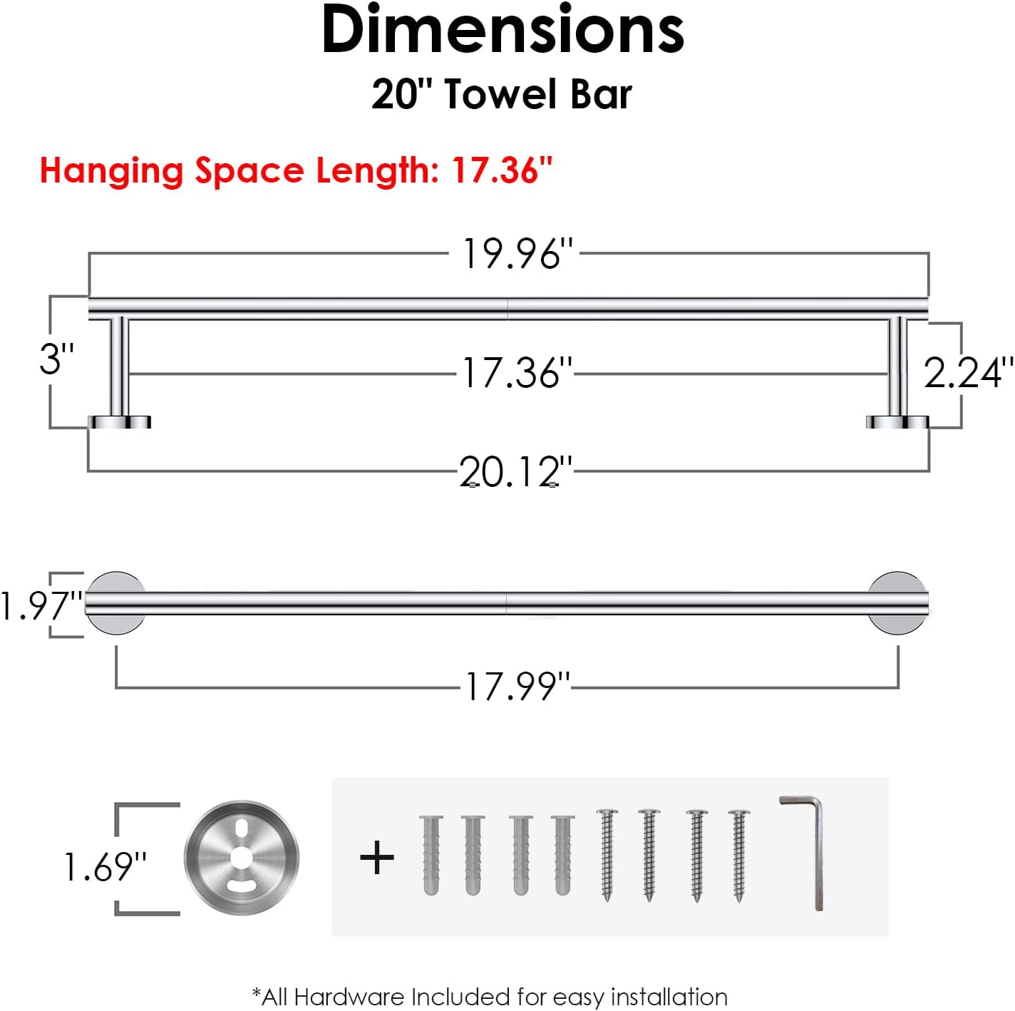 FORIOUS Towel Bar Wall Mounted, Stainless Steel Towel Racks for Bathroom, Includes Wall Mounting Hardware (Chrome, 20 Inch)