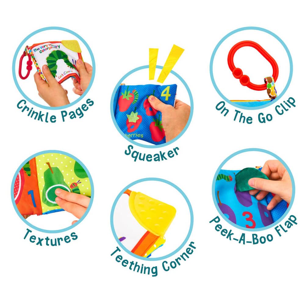 KIDS PREFERRED Let's Count Soft Book - World of Eric Carle the Very Hungry Caterpillar Baby on the Go Clip Teething Crinkle Soft Sensory Book for Babies, 5.25x5.25 Inch (Pack of 12)