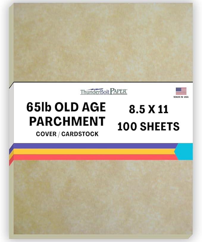 100 Old Age Parchment 65lb Cover Paper Sheets Cardstock Weight Colored Sheets 8.5X11 Inches Standard Letter Size - Printable Parchment