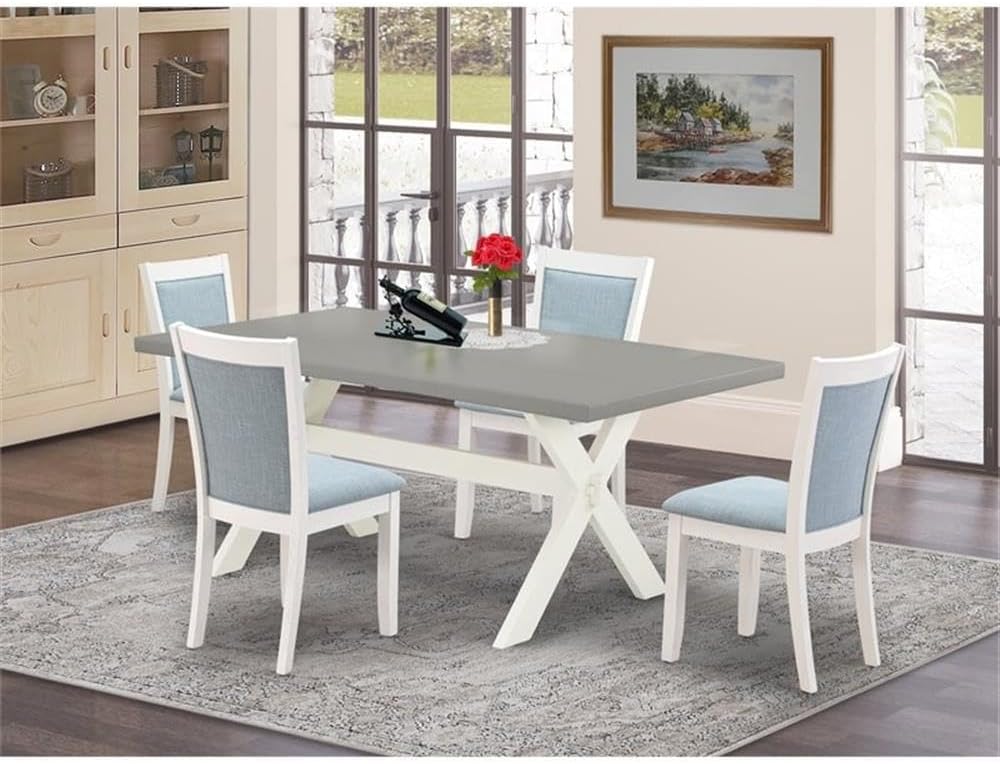 East West Furniture X097MZ015-5 5 Piece Modern Dining Table Set Includes a Rectangle Wooden Table with X-Legs and 4 Baby Blue Linen Fabric Upholstered Chairs, 40x72 Inch, Multi-Color